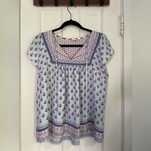 GAP Cap Sleeves Floral Tie Neck Peasant Blouse in Red and Blue Sz M